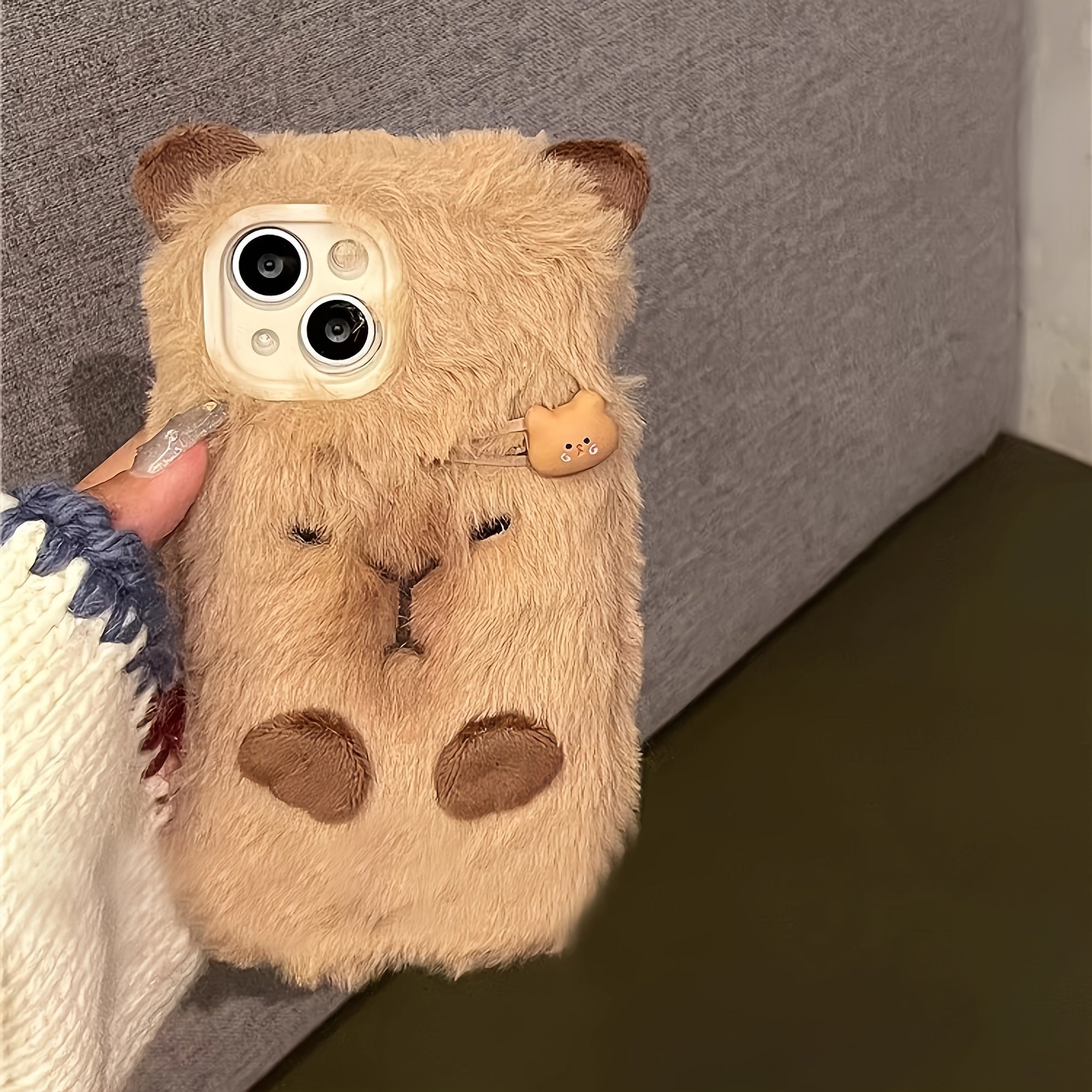 Plush Brown Hairpin Capybara Phone Case for iPhone 13 14 15 with Anti-Fall Soft Material