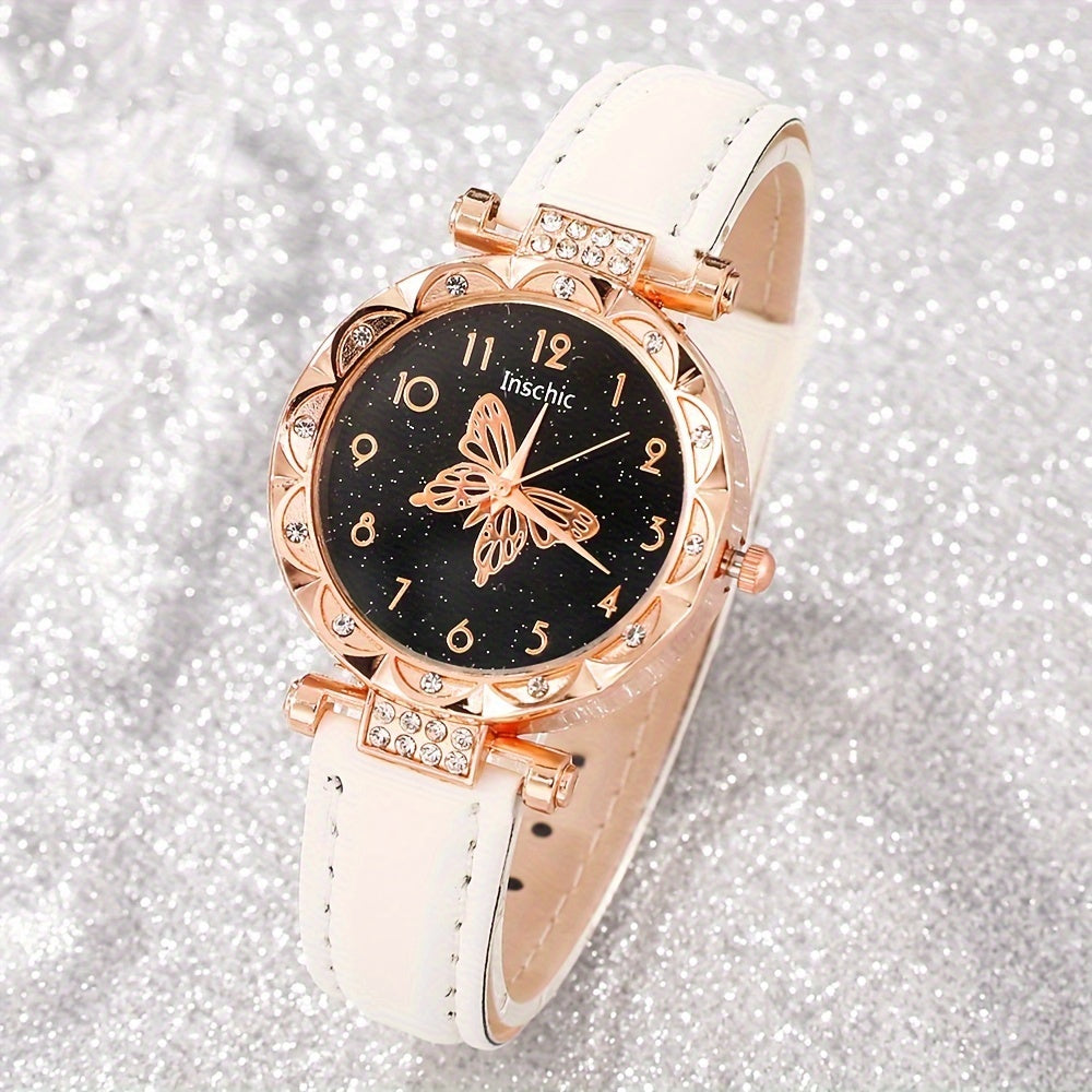 Women's Quartz Watch Set with Round Dial PU Leather Strap Matching Jewelry Gift
