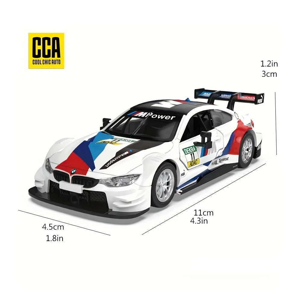 Coche de modelo en fundición a presión escala 1:44 BMW M4 DTM blanco azul, juguete de carreras para niños y coleccionistas