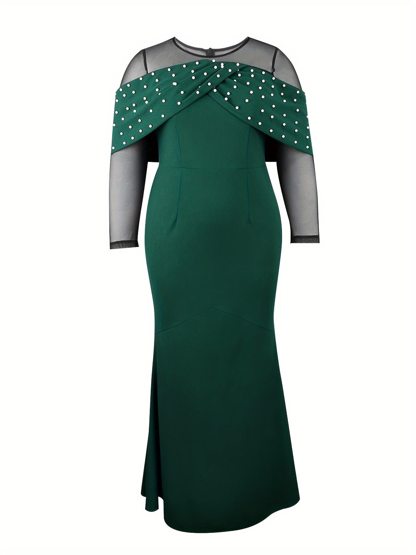 Plus Size Beaded Mesh Bodycon Dress Long Sleeve Maxi Party Evening Wear