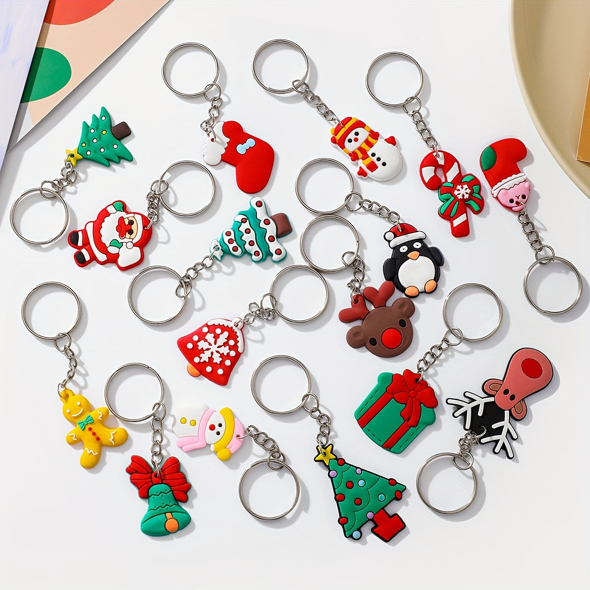 Christmas Keychain Set 46 Pieces PVC Cartoon Characters Santa Snowman Tree Car Key Rings