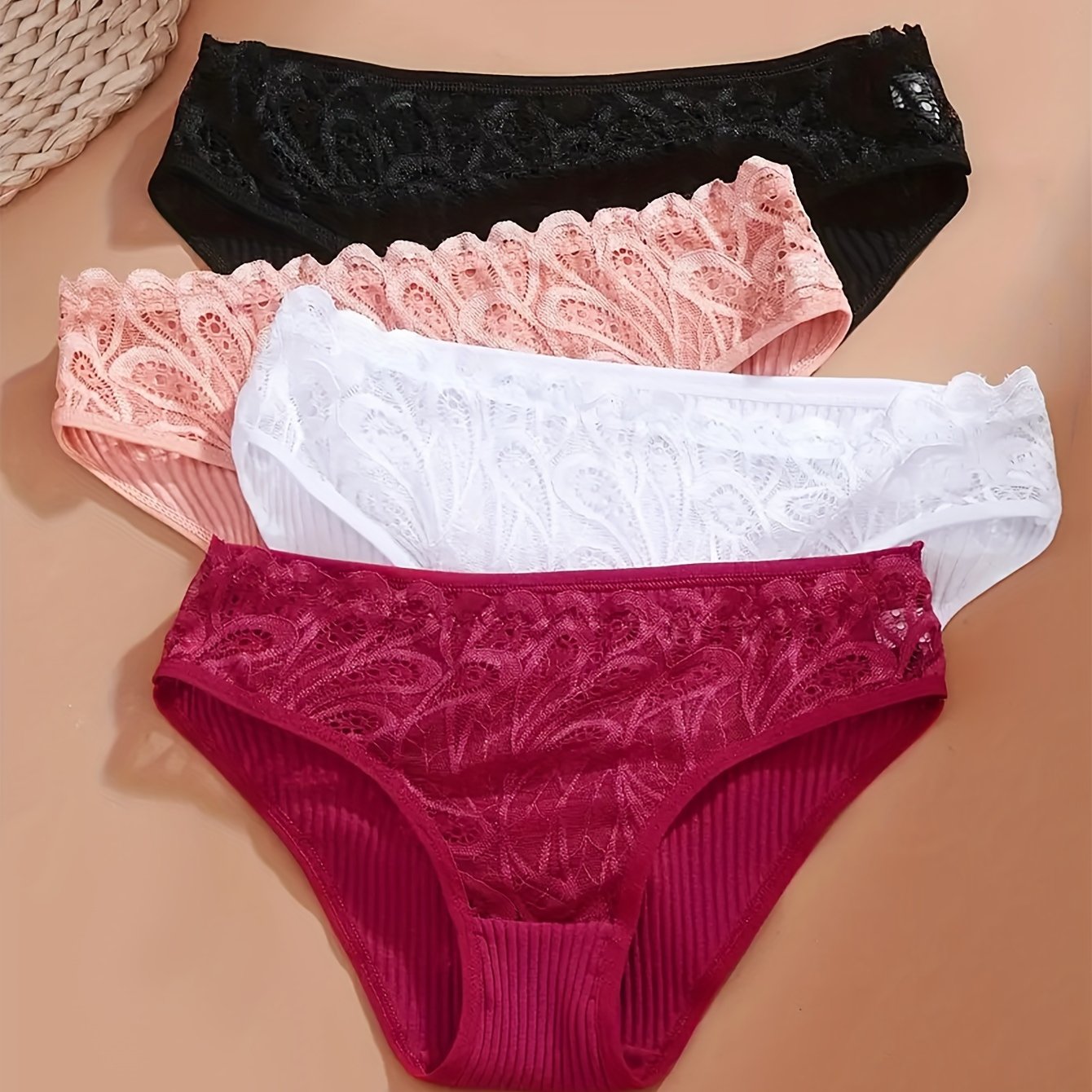 Set of 4 Lace Triangle Briefs for Women Breathable Comfortable Solid Color Autumn Winter