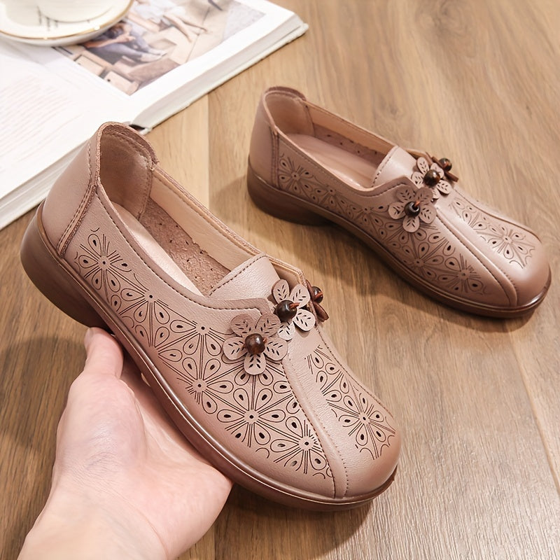 Zapatos casuales femeninos sin cordones con estampado floral, transpirables y sintéticos, en color marrón