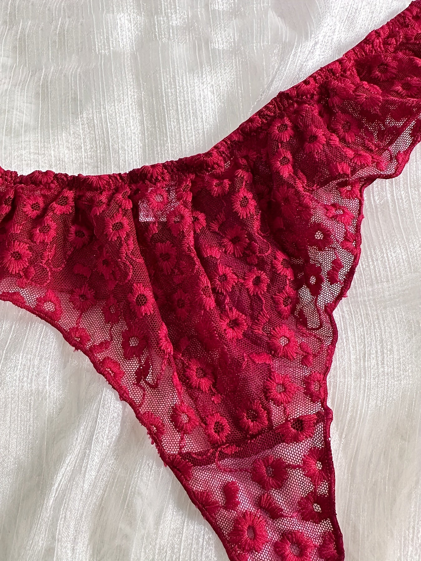 Women's Floral Embroidery Lingerie Set with Crop Top and Lettuce Trim Panty