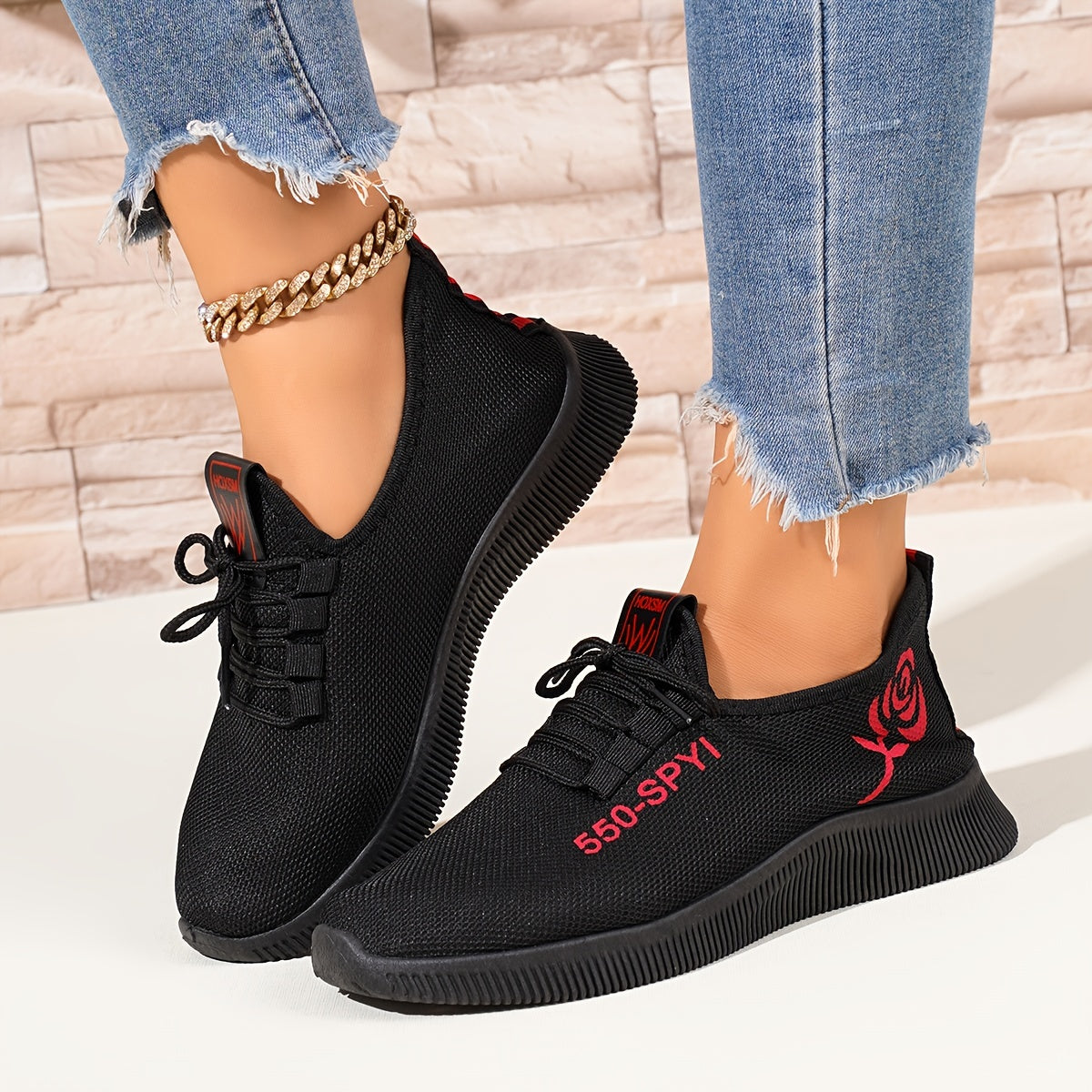 Women's Breathable Black Sneakers with Colorful Accents Low-Top Casual Athletic Shoes