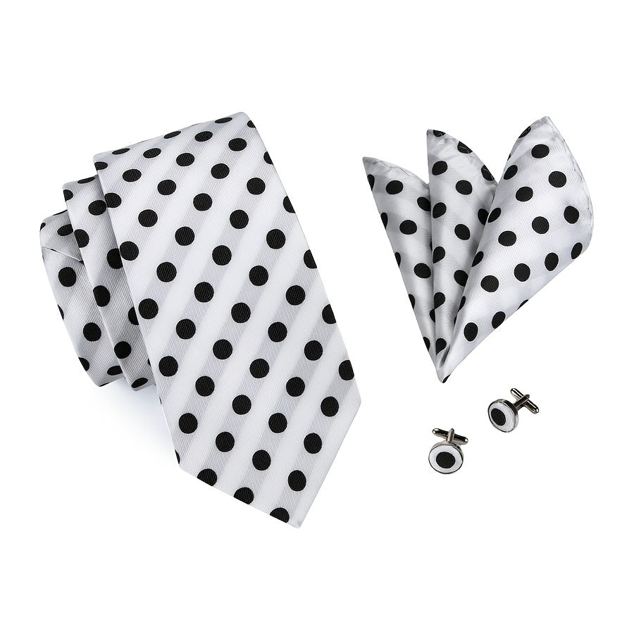 Men's Accessories Set Polka Dot Necktie Pocket Square Cufflinks Gift