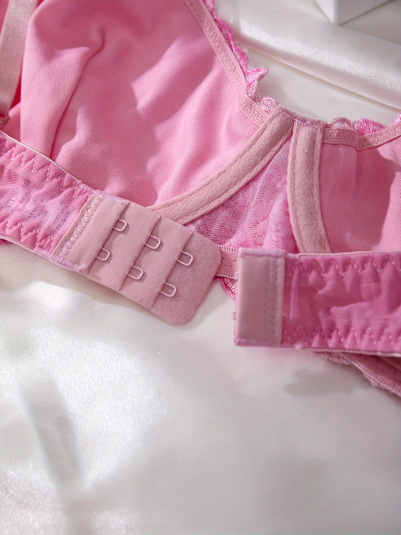 Pink Floral Embroidered Lingerie Set with Mesh Panties and Gathered Bra