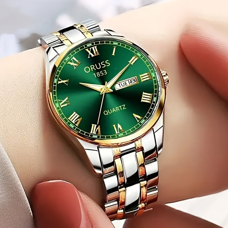 Women's Stainless Steel Quartz Watch with Luminous Dial and Date Display