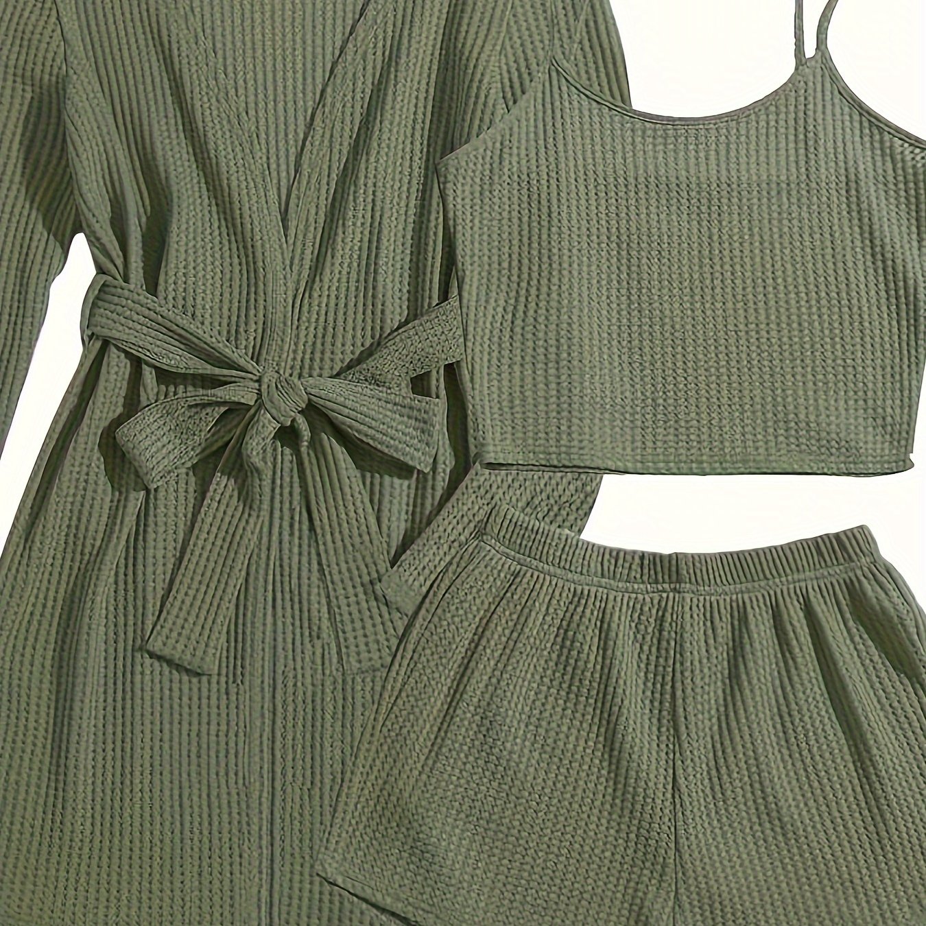 Women's Waffle Lounge Set with Robe, Crop Top, Shorts for Summer Home Wear