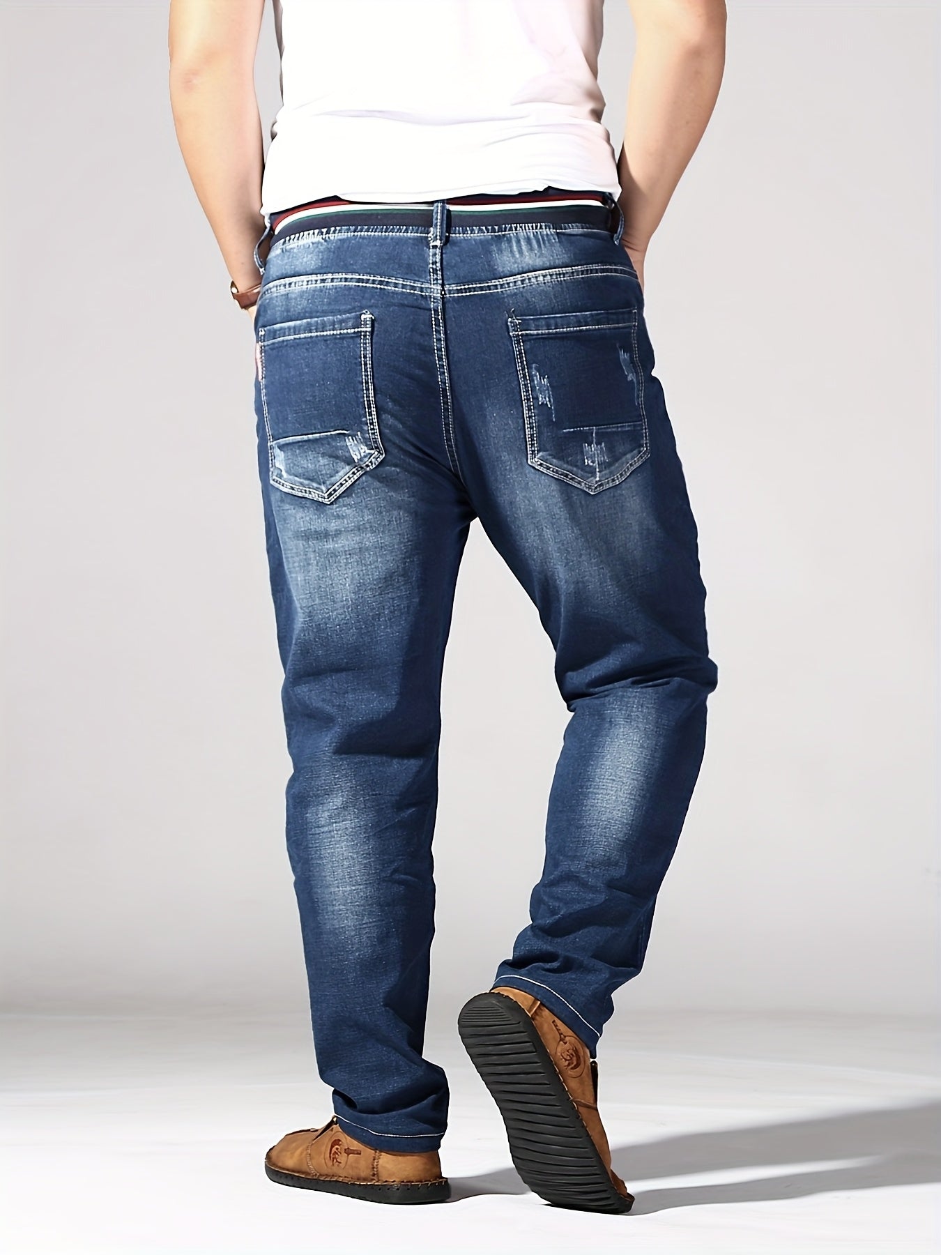 Men's Plus Size Slim Fit Stretch Denim Jeans with Elastic Waist for Autumn Spring