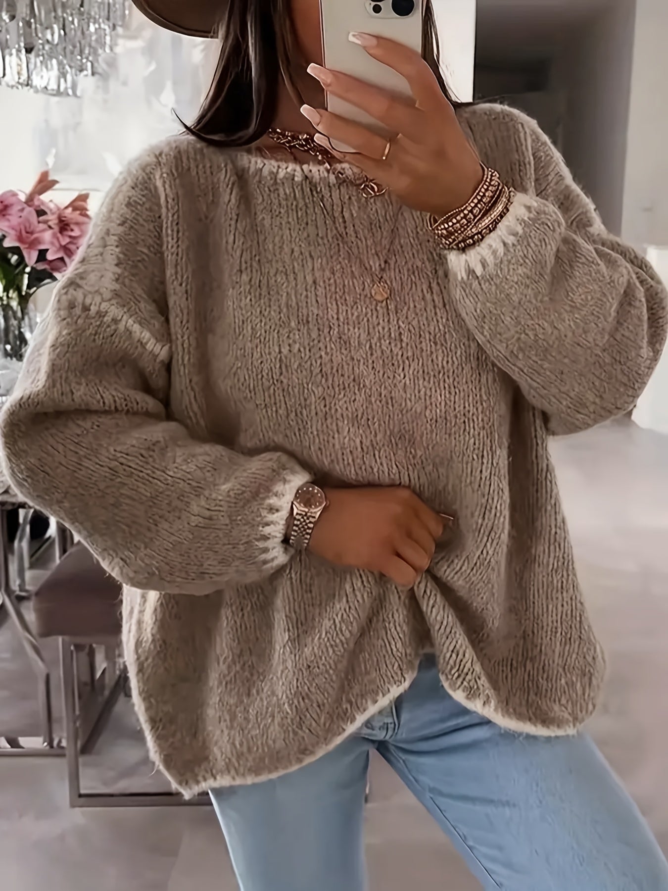 Plus Size Women's Beige Sweater Long Sleeve Fall Winter Casual Formal Knitwear