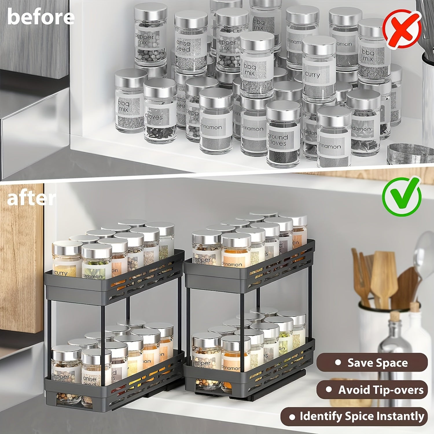 Set of 3 Pull-Out Spice Rack Organizers for Cabinets, Space-Saving, Holds 10 Jars