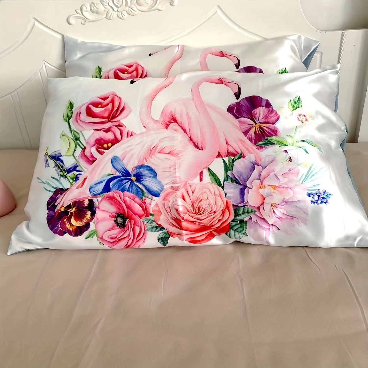Set of 2 Satin Pillowcases with Floral Bird Patterns Reversible Envelope Closure