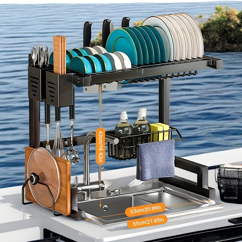 Iron over-the-sink dish drying rack with cutting board multi-layer storage space-saving design