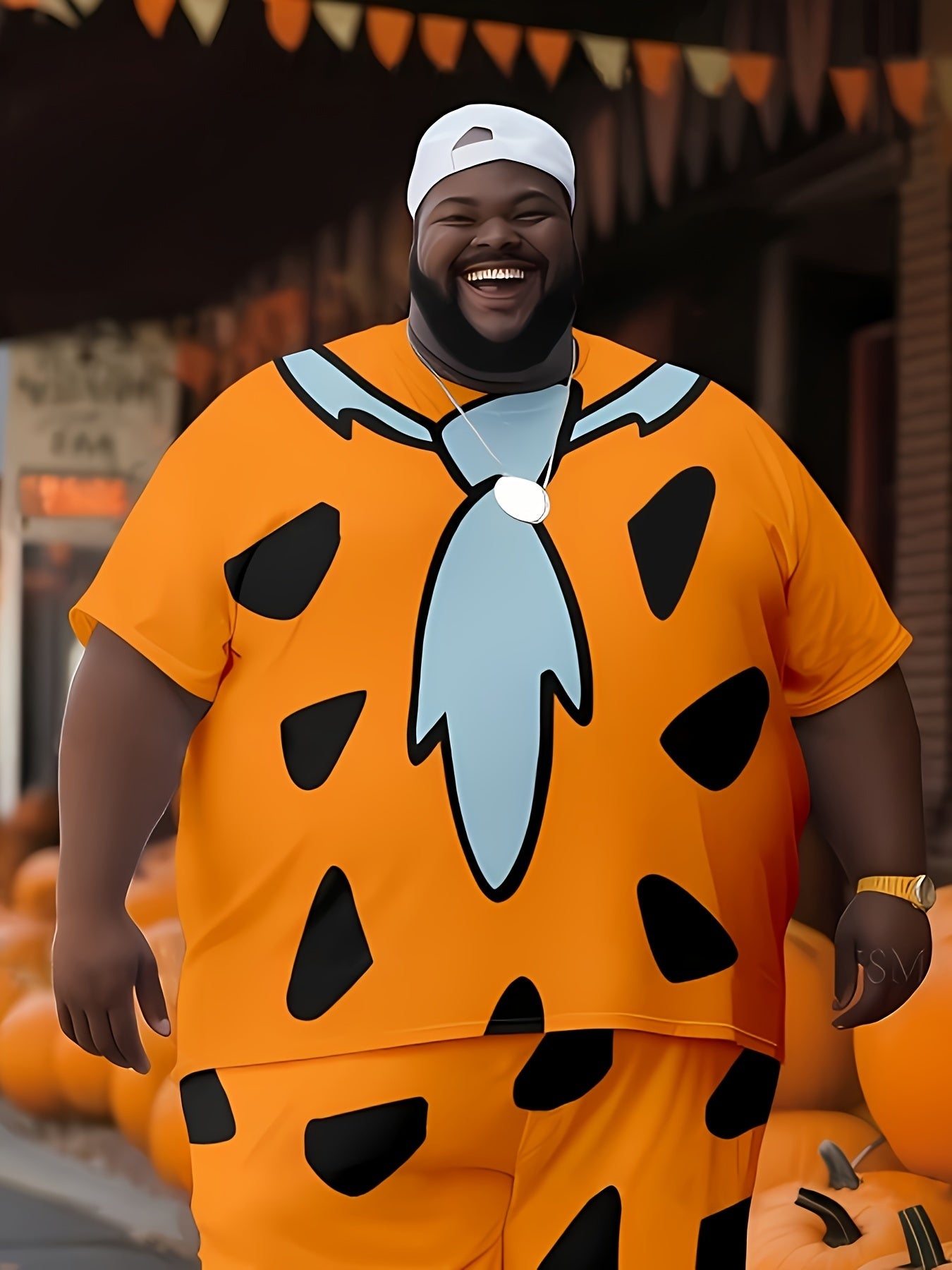 Men's Plus Size Pumpkin Yellow Casual Outfit with "Crazy" Man Print Knit Fabric