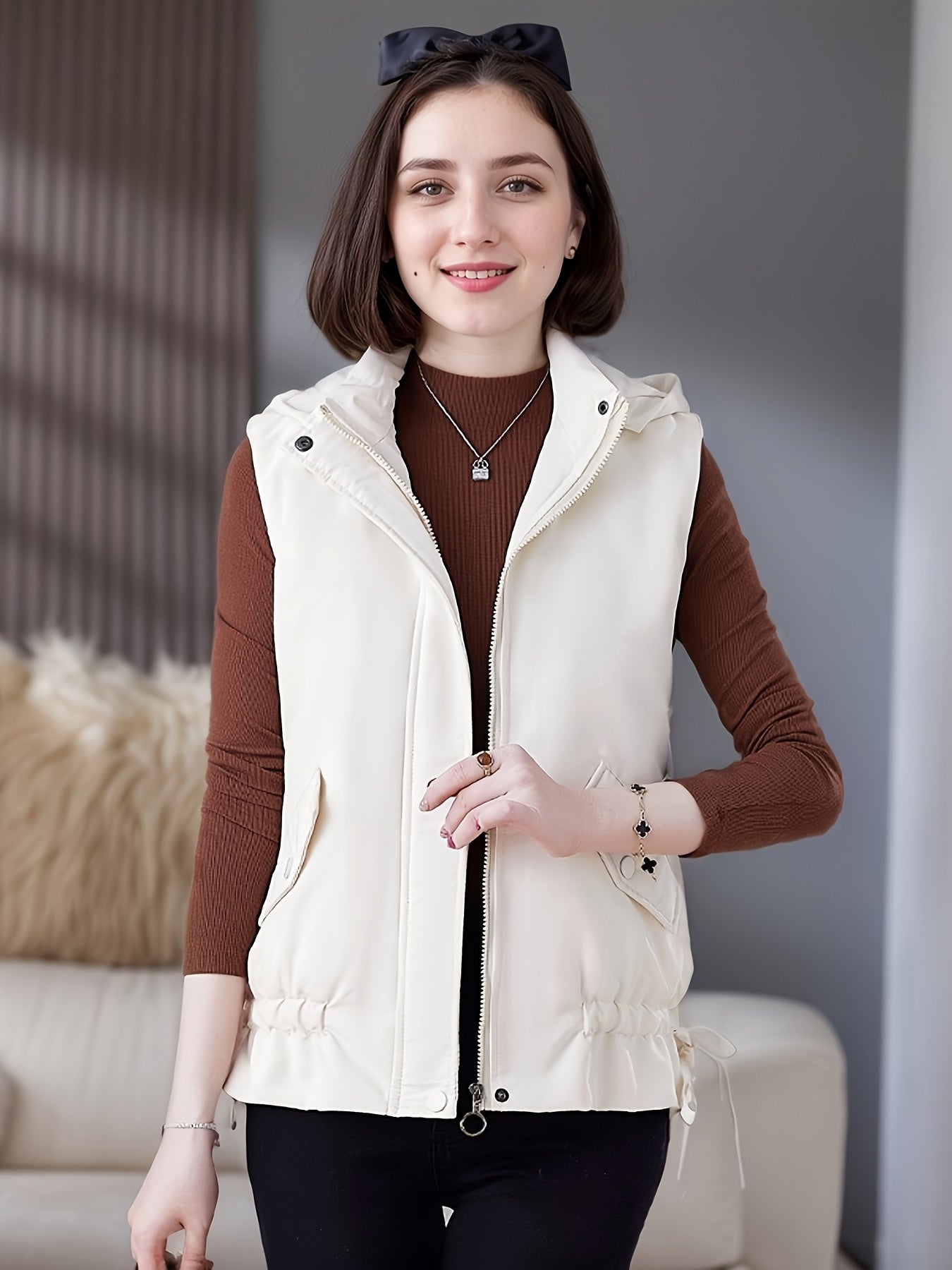 Women's Beige Hooded Puffer Vest Casual Warmth Polyester Lined