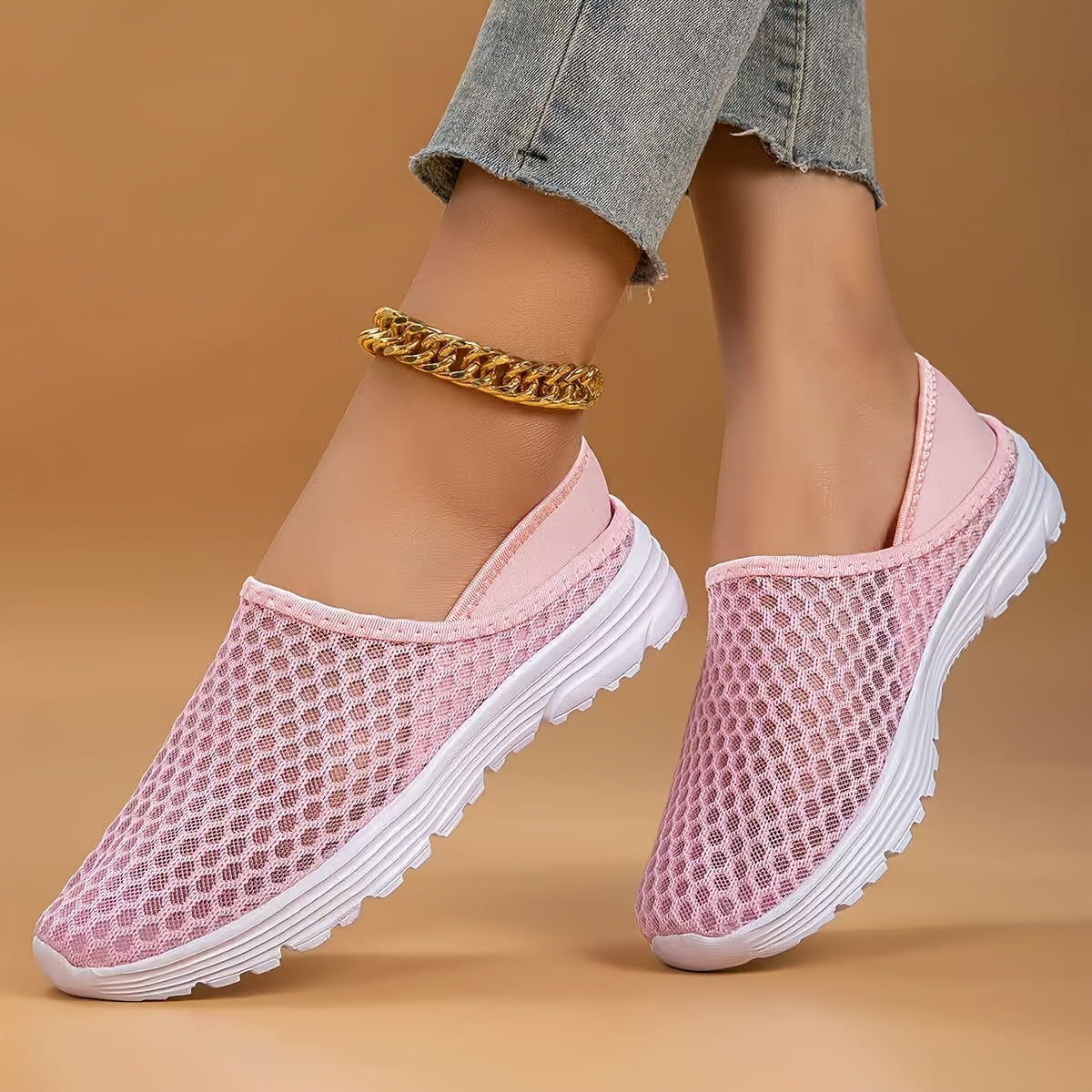 White Mesh Slip-On Walking Shoes with Stability Support for Summer