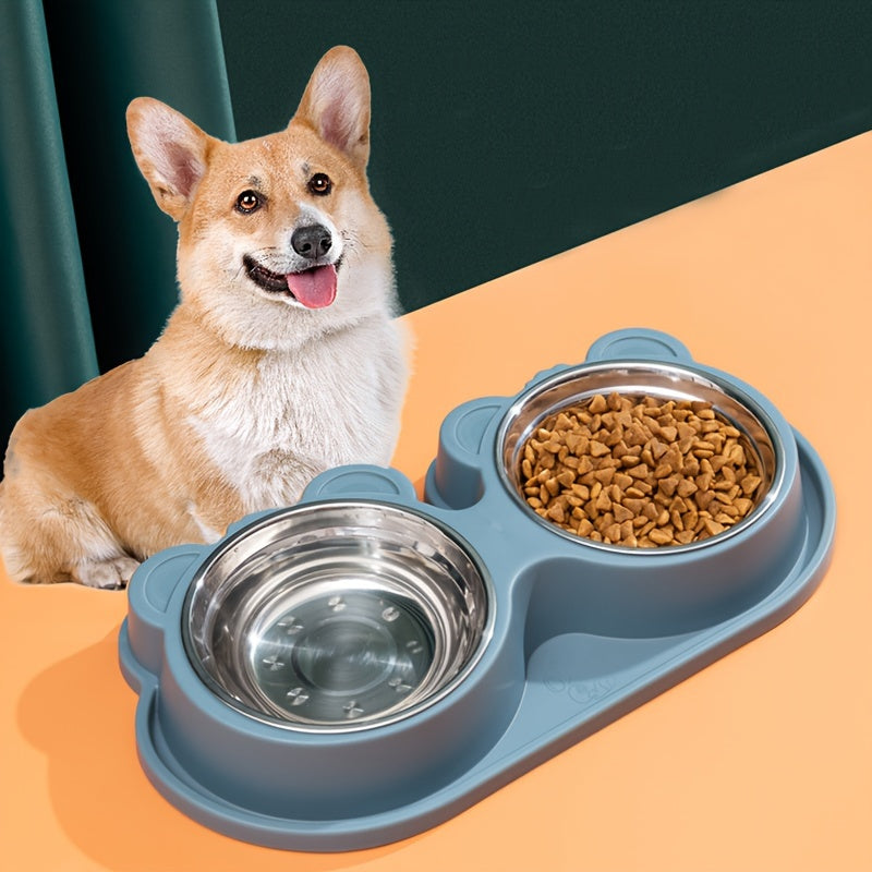Stainless Steel Double Dog Bowls Set on Spill-Proof Stand for Drinking and Feeding