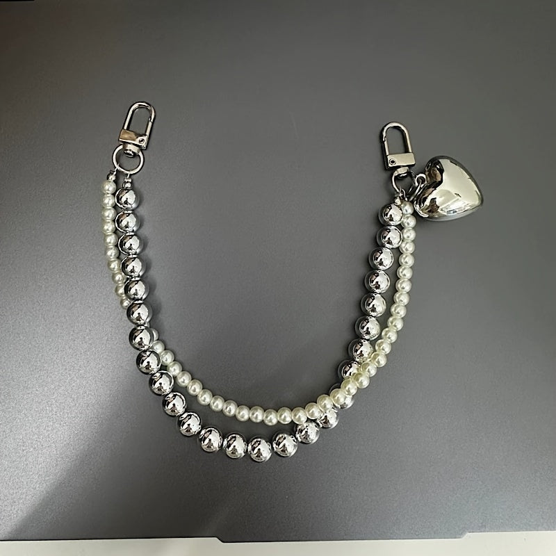 Llavero de corazón con perlas de resina y doble cadena con mosquetón para el Día de San Valentín