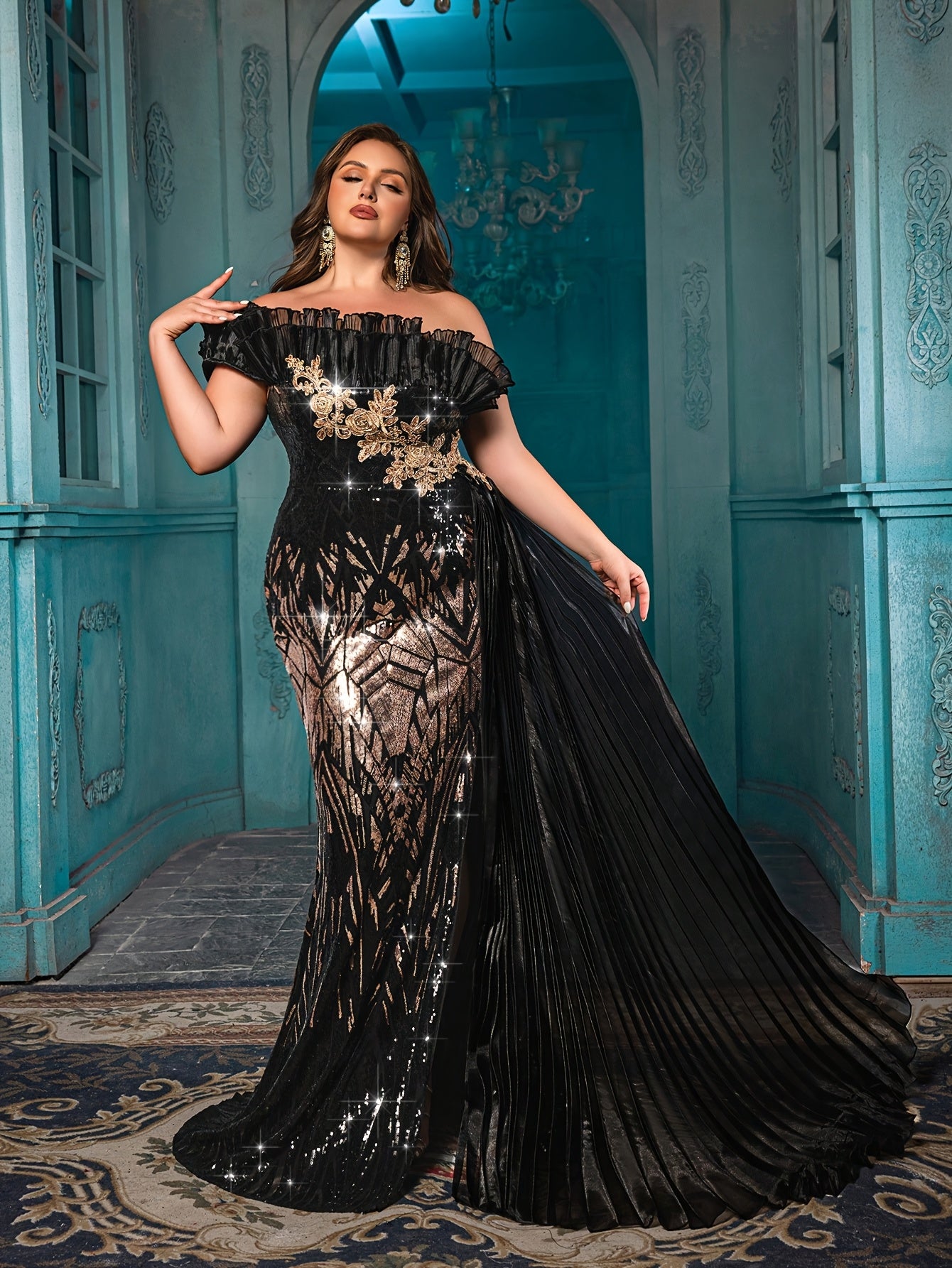 Plus Size Off-the-Shoulder Sequin Mermaid Evening Gown Black Floor-Length Dress