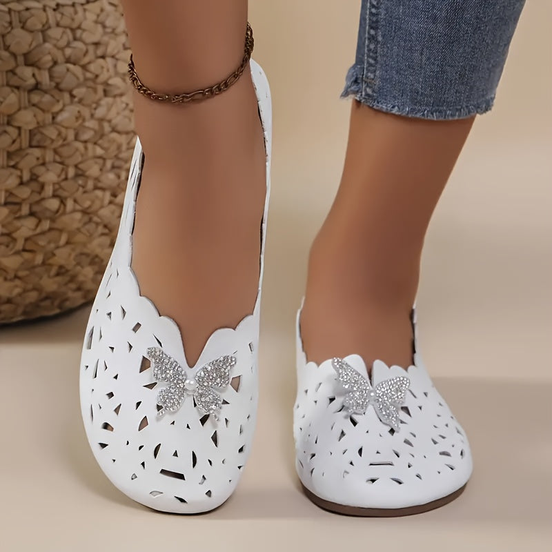 Zapatos planos para mujer para todas las estaciones con detalle de mariposa de diamantes y diseño de puntera redonda con orificio