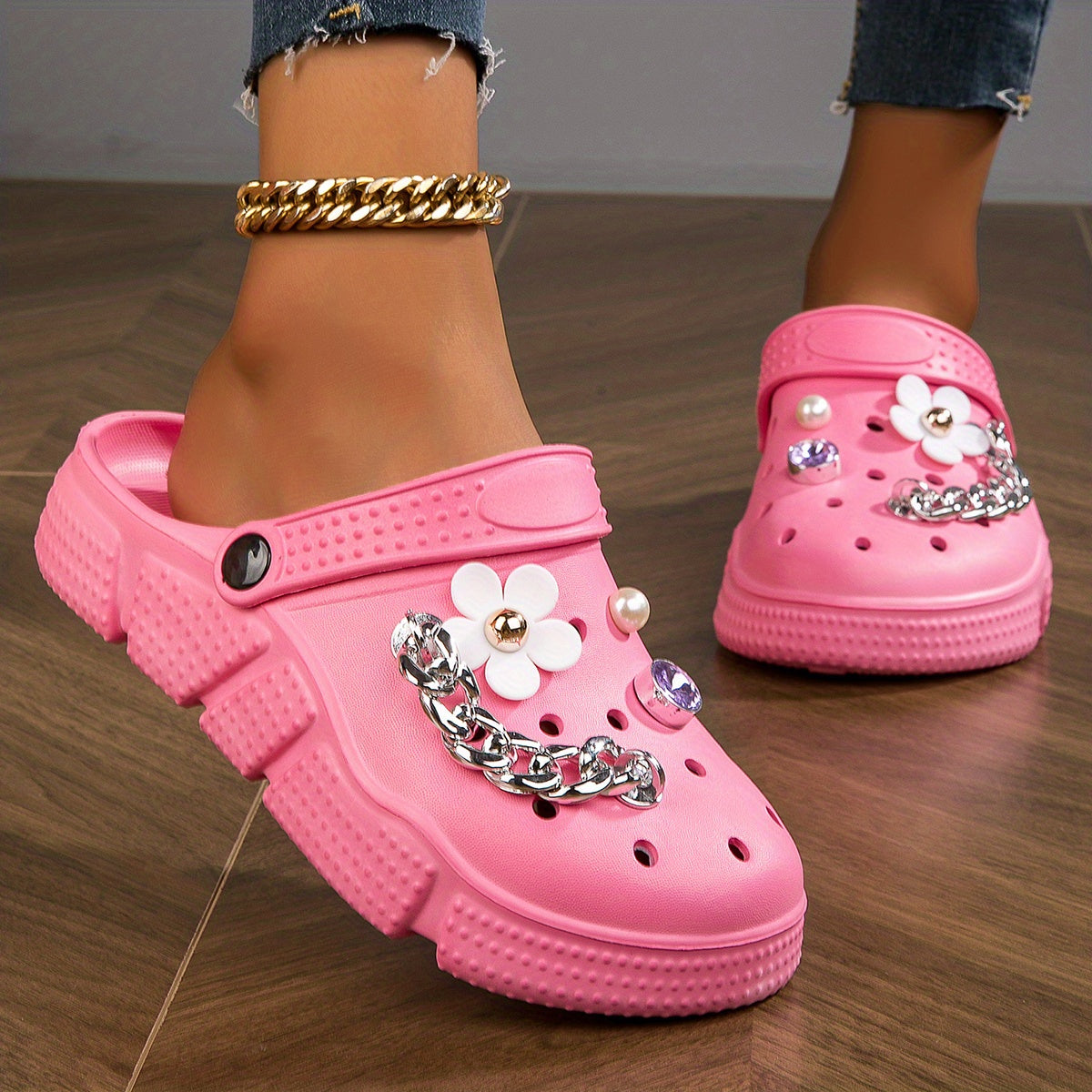 Women's Floral Rhinestone Decor Clogs Slip-On Casual Garden Slides