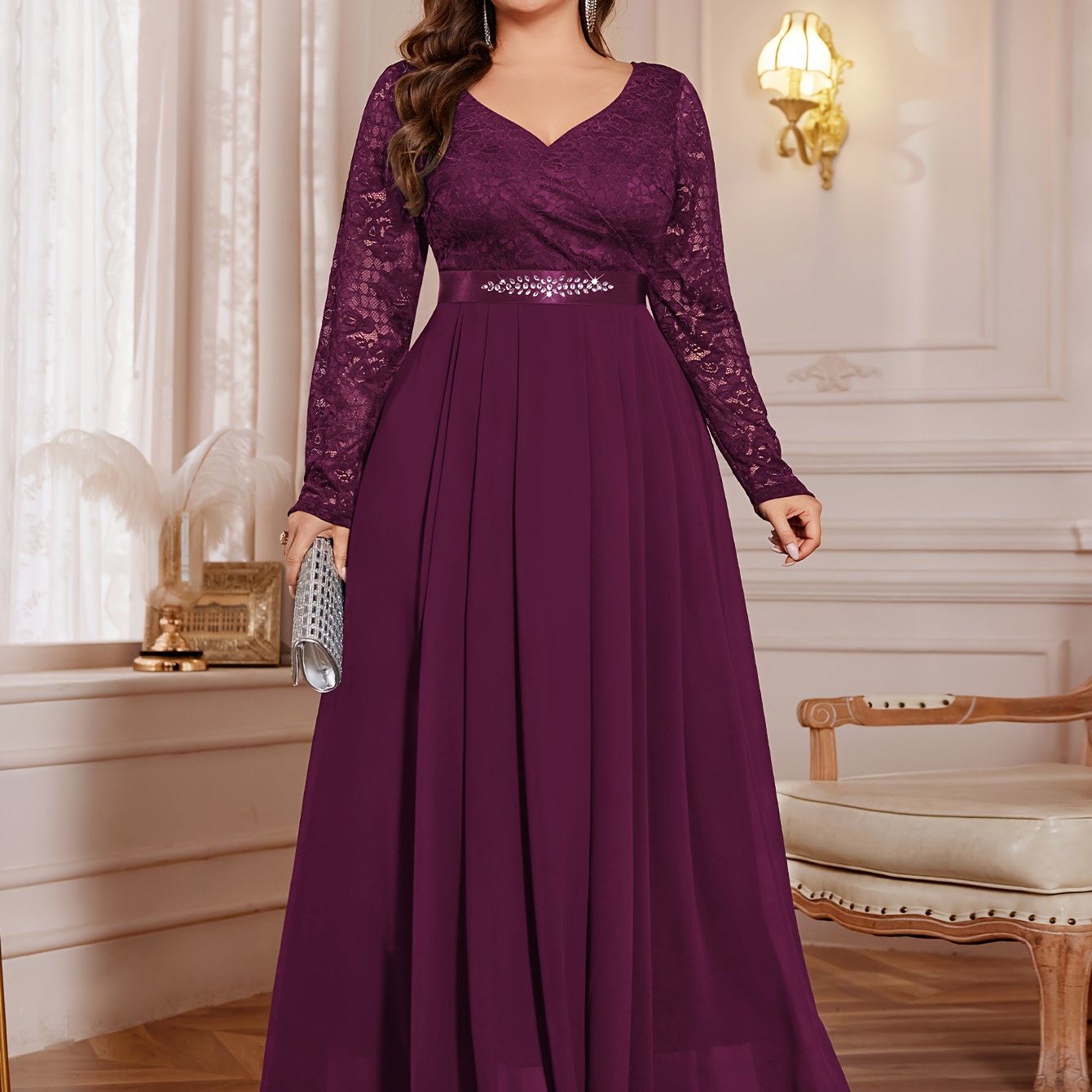 Plus Size Women’s Chiffon Long Dress V-Neck Flared Beaded Waist Party