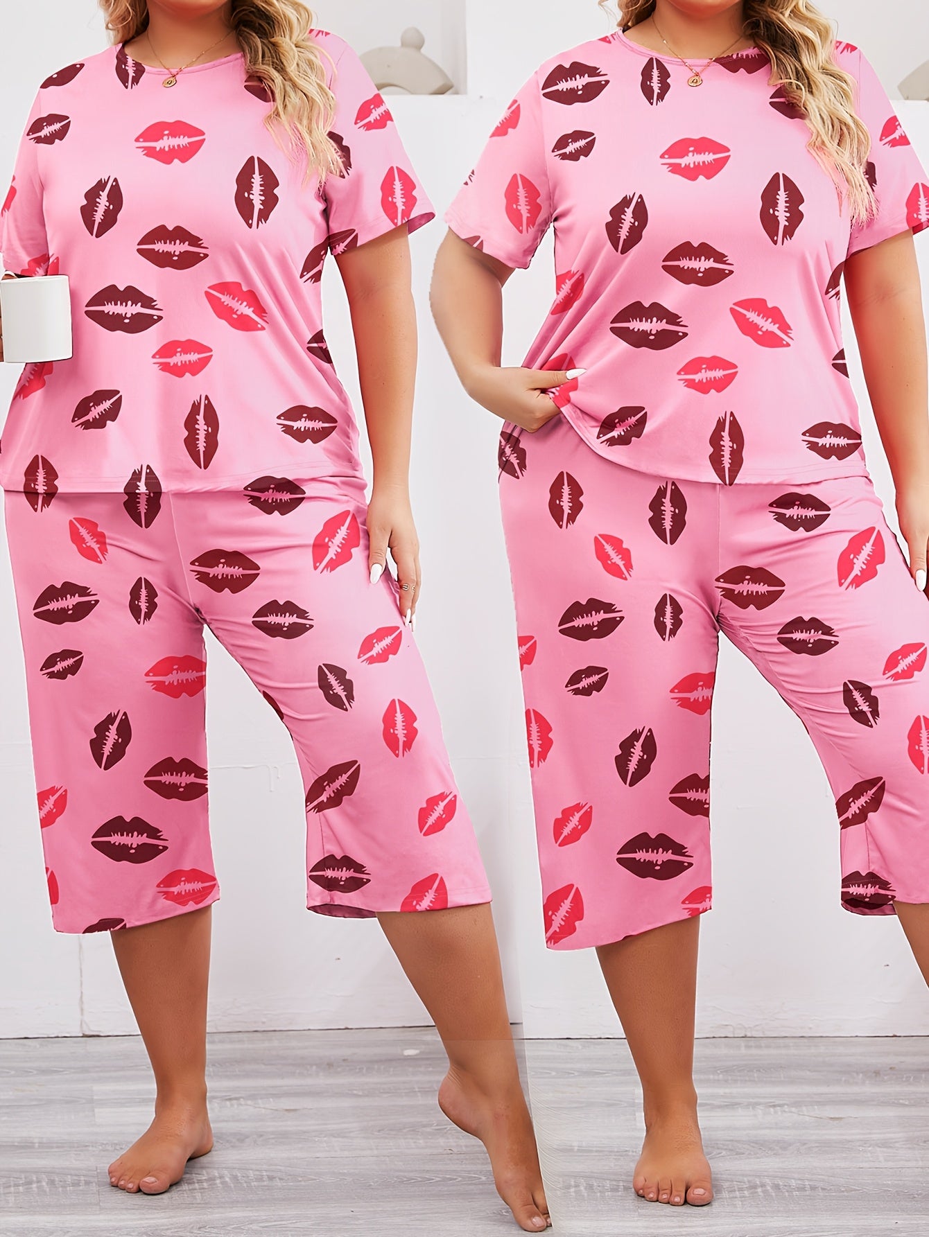 Women's Plus Size Pajama Set Shorts Sleeve Lounge Wear Capri Pants