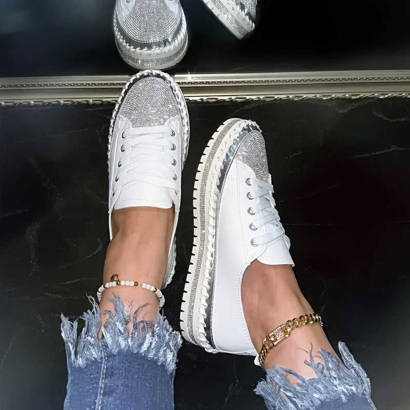 Women's Lace-Up Sneakers with Rhinestones Low Top All-Season Plus Size