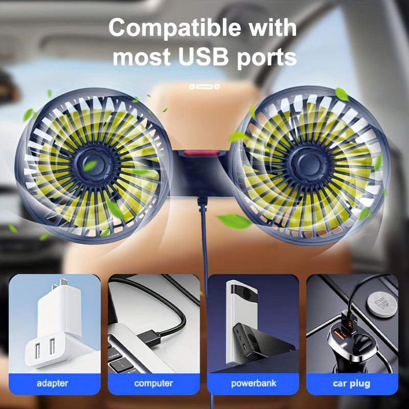 Car Fan Dual Head Vehicle Air Conditioner Portable Clip-On 360° Rotation