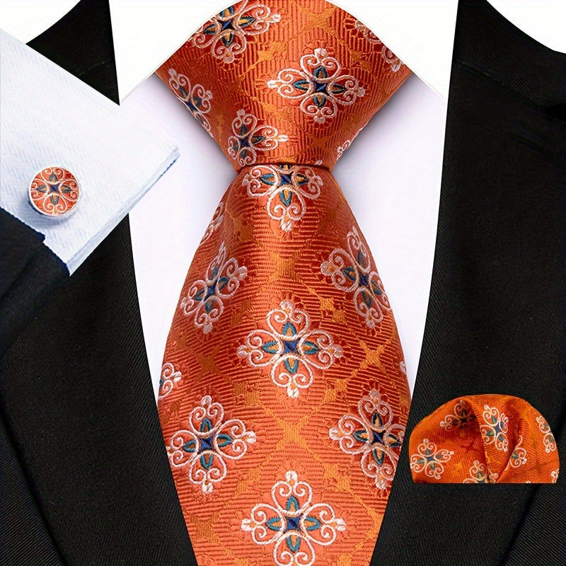 Men's Plaid Paisley Flower Tie Set with Cufflinks and Handkerchief Pack of 3