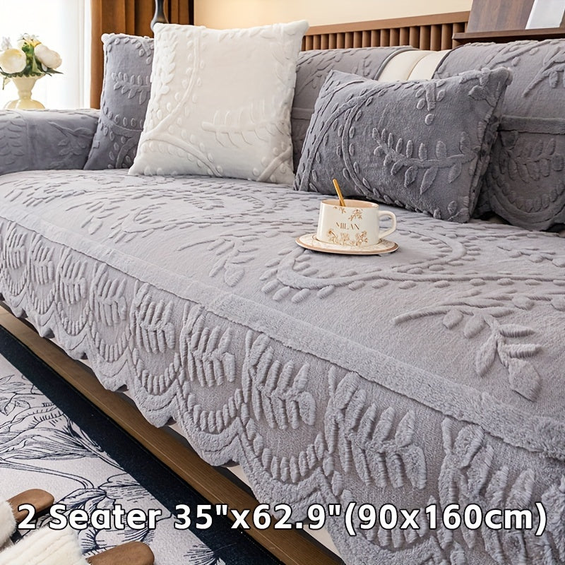 Beige Faux Rabbit Fur Sofa Cover for 1-4 Seaters with Floral Leaf Pattern Non-Slip Washable