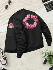 Plus Size Women's Casual Baseball Collar Jacket Lightweight Zip-Up All-Season Black Floral Print