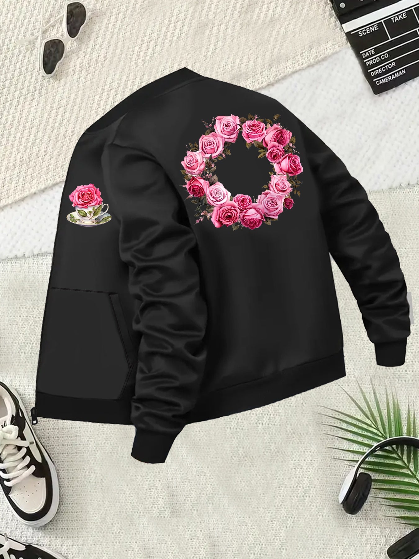 Plus Size Women's Casual Baseball Collar Jacket Lightweight Zip-Up All-Season Black Floral Print