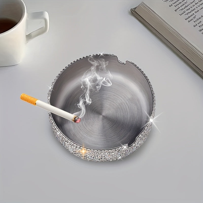 Unisex Rhinestone Studded Stainless Steel Ashtray for Home and Bar Use