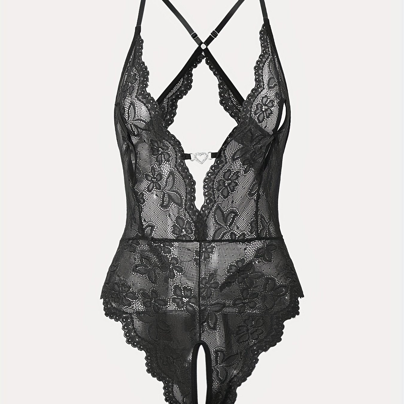 Women's Red Lace Bodysuit with Deep V-Neck and Floral Print Nylon Lingerie