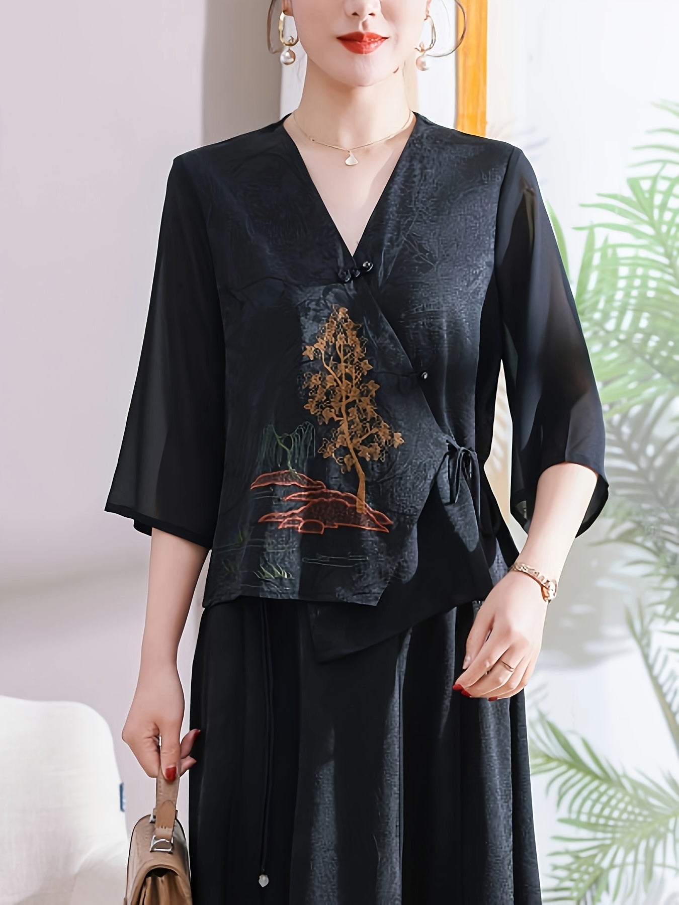 Women's V-Neck Blouse with Asymmetrical Hem Short Sleeve Casual Dressy