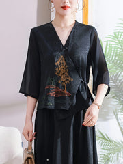 Women's V-Neck Blouse with Asymmetrical Hem Short Sleeve Casual Dressy