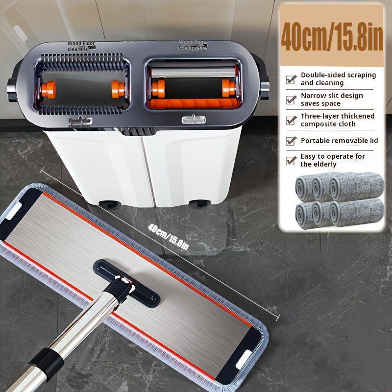 Oq tekis mopu va chelak to'plami, siqish qo'shimchasi bilan, metall material, uzun tutqich, nam/quruq devor tozalash va pol tozalash uchun ideal, 3/6 ta yuviladigan mikrofiber padlar bilan birga, yashash xonasi, yotoqxona, hammom va oshxona uchun mos.