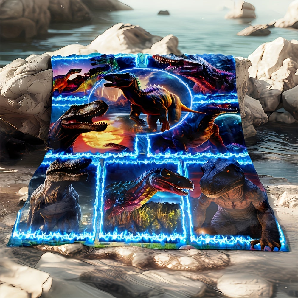 3D Dinosaur Blue Flame Patchwork Printed Flannel Blanket for Sofa Bed Travel Camping