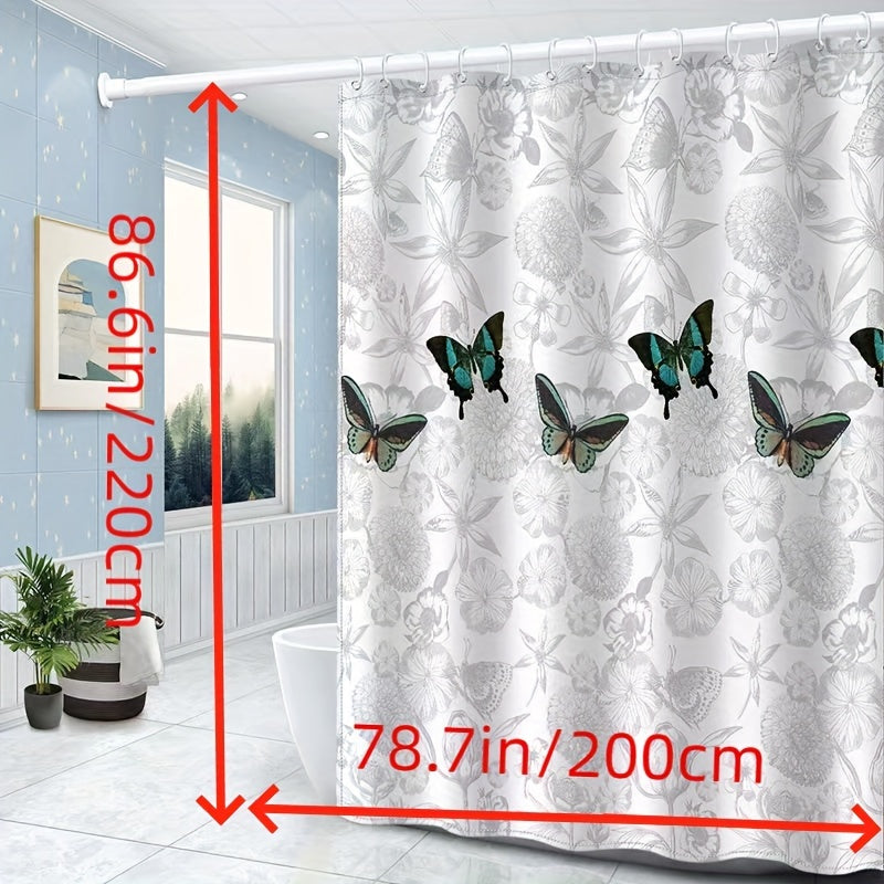 Gray Floral and Butterfly Shower Curtain Polyester Opaque Quick-Dry Machine Washable Easy No-Drill Installation