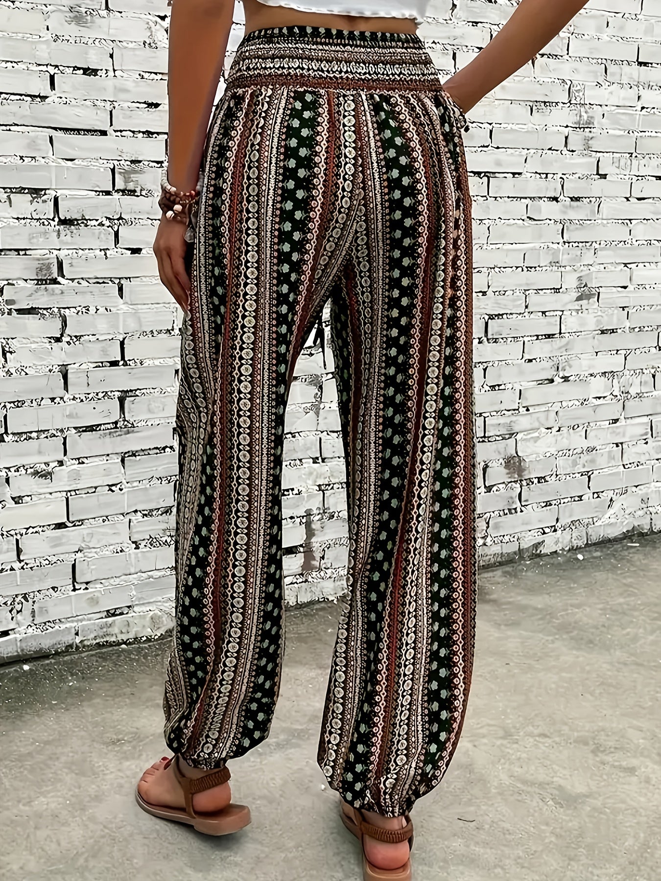 Plus Size Bohemian Print Wide Leg Pants for Women Loose Fit Elastic Waist