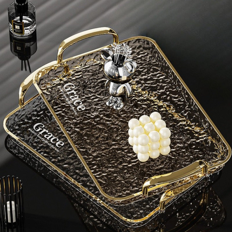 Golden Rimmed Rectangular Serving Trays Set Large Transparent Plastic with Handles for Fruits Snacks Pastries