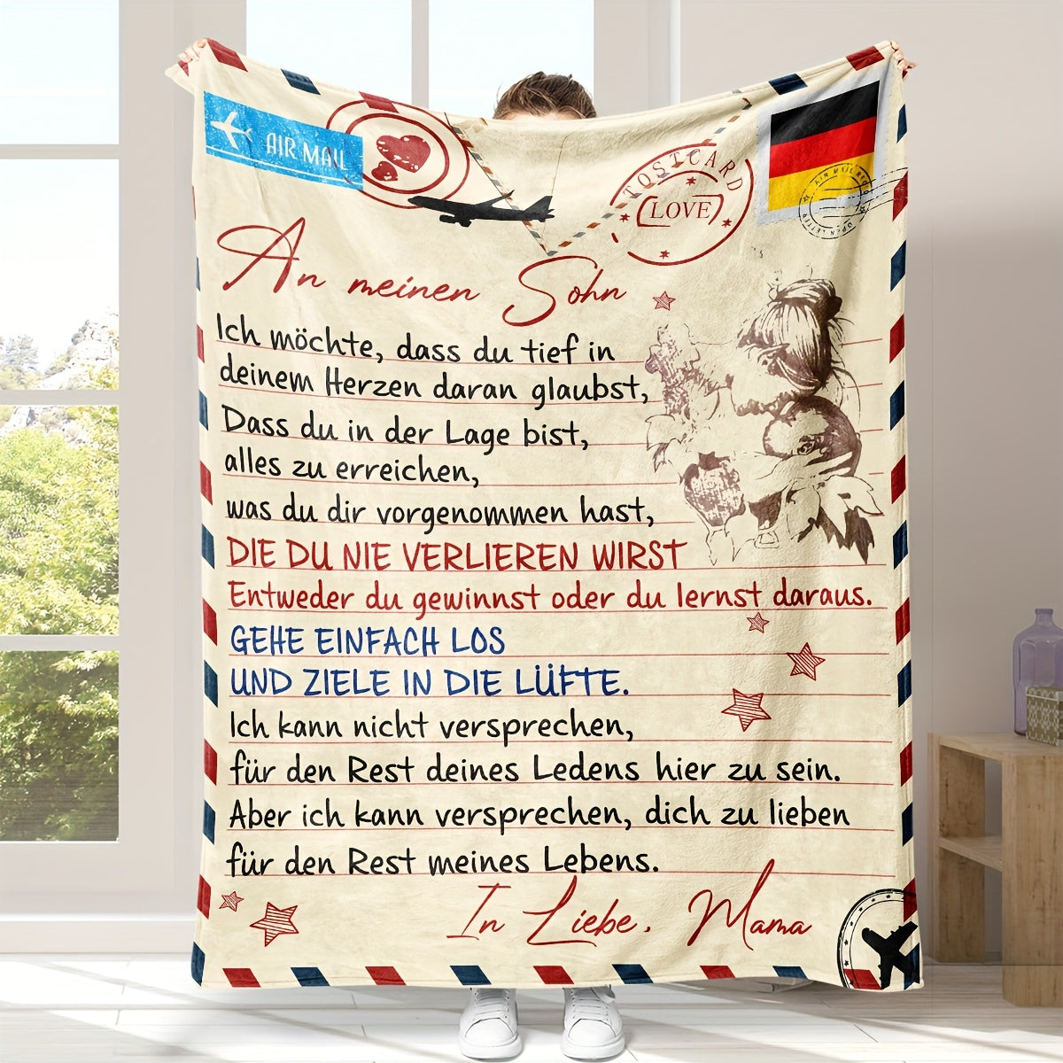 German Letter Blanket for Son Soft Warm Flannel Throw for Couch Bed Travel