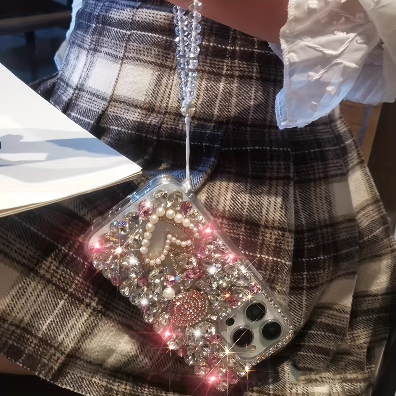 Luxury Pink Crystal TPU Phone Case with Rhinestones and Lanyard for iPhone 16 Pro Max and 15 Plus