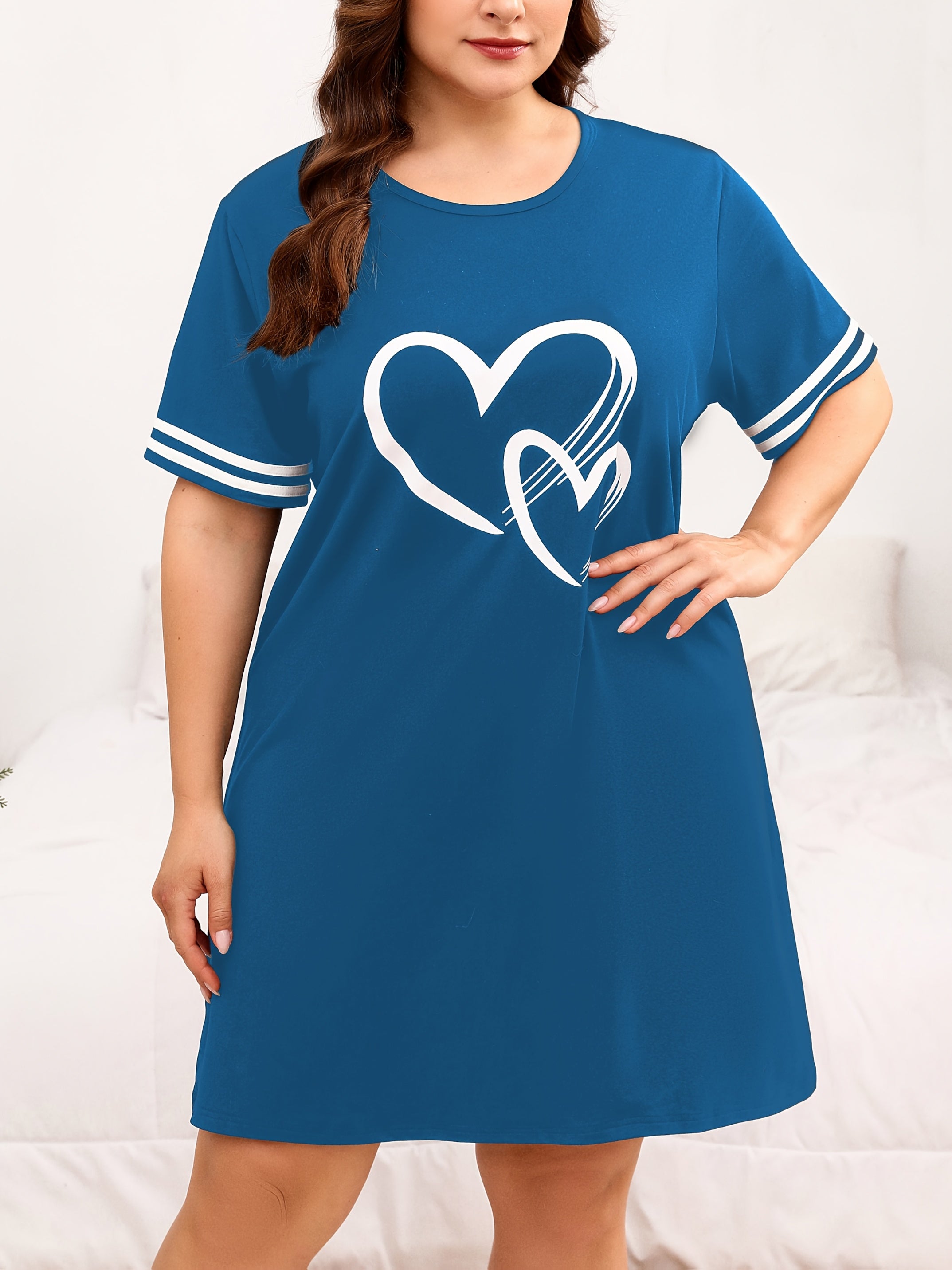 Женская ночная рубашка с коротким рукавом и сердечным принтом, размер плюс, из полиэстера