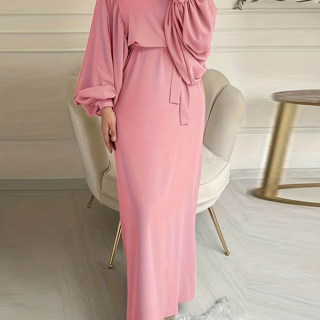 Maxi Abaya Dress with Solid Color Tie Waist Lantern Sleeves for Women