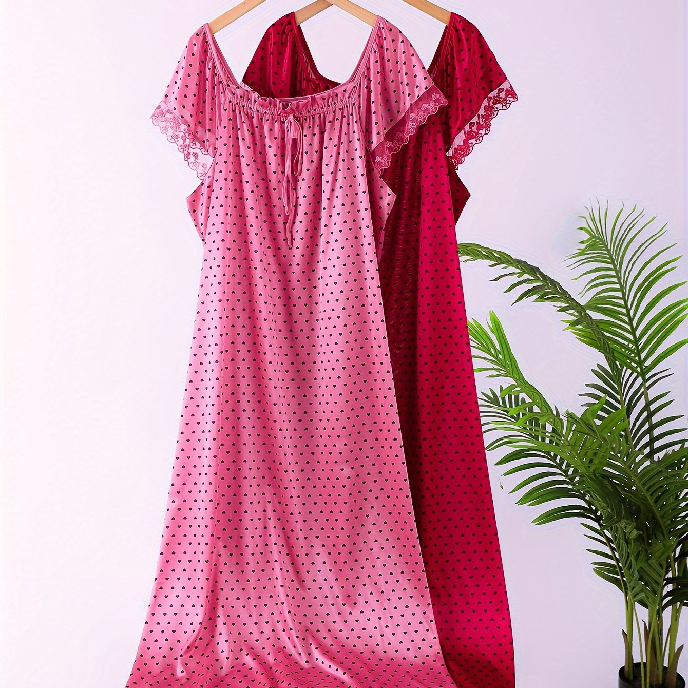Women's Plus Size Heart Print Lace Sleep Dress Short Sleeve Lounge Wear
