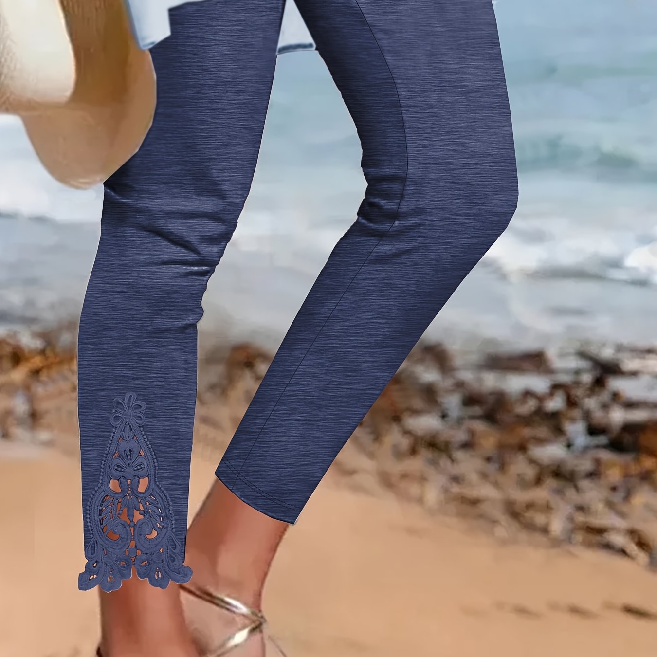 Women's Plus Size Skinny Pants All-Season Knit Contrast Lace Solid