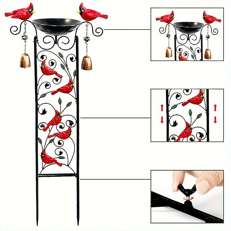 Outdoor Metal Tall Birdbath with Cardinal Statue and Removable Iron Pots